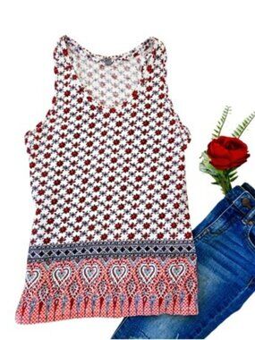UniQlo Women's Tank Top Size Small White Red Blue Floral Boho Cottagecore Casual
